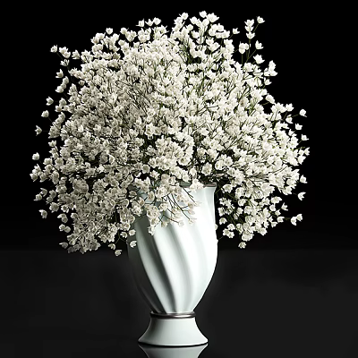 Elegant White Vase With Curved Design Holding Small White Flowers On Black Background 3d model