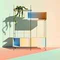 Modern Multi tiered Shelving Unit With Multicolored Panels Green Plants And Pastel Walls
