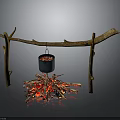 Natural Wooden Log Structure with Hanging Cooking Pot Over Burning Fire Pit