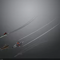 Three Spaceships Flying In Dark Space With White Trails Different Colors And Designs