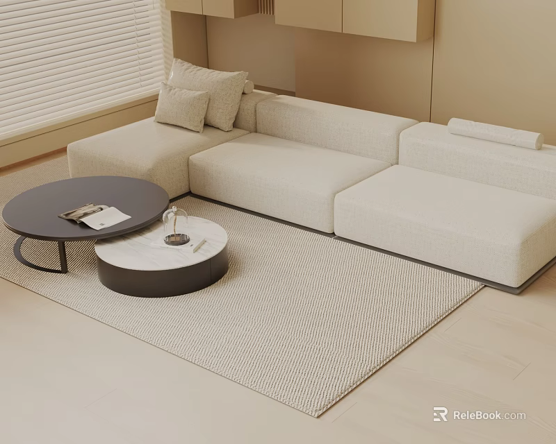 Modern Beige Three Seater Sofa With Round Black And White Coffee Tables And Beige Rug 3d model 
