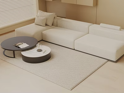 Modern Beige Three Seater Sofa With Round Black And White Coffee Tables And Beige Rug 3d model