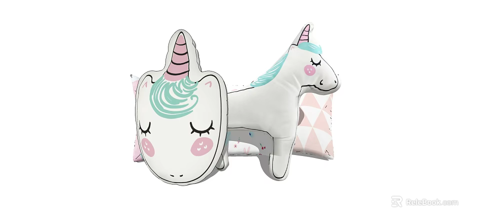 Cute Unicorn Stuffed Dolls With Pink Horns Green Manes Pink Cheeks And Triangle Cushions 3d model 