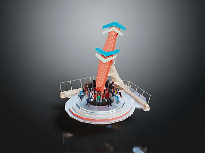 Red And Blue Tower Shaped Building With Circular Platform Railings And People 3d model