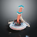 Red And Blue Tower Shaped Building With Circular Platform Railings And People