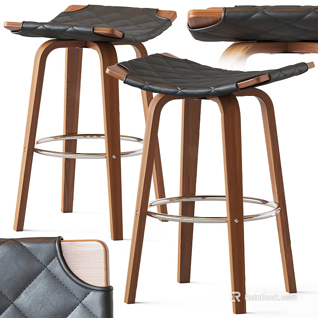 Modern Bar Stools With Wooden Legs Leather Seat And Metal Footrest Design 3d model 