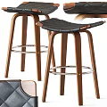 Modern Bar Stools With Wooden Legs Leather Seat And Metal Footrest Design