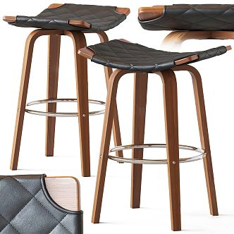 Modern Bar Stool Leather Wooden Bar Chair 3d model