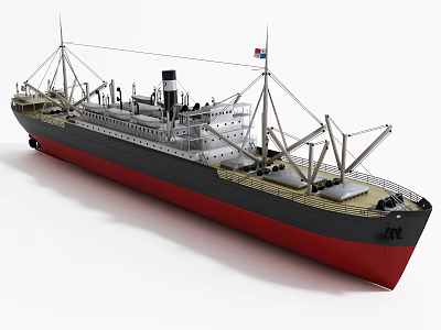 Vintage Steamship With Multiple Masts Black Chimney Deck Equipment And Red Hull 3d model