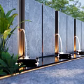 Gray Stone Feature Wall With Cascading Fountains Lush Green Plants Warm Lighting And Slate Pavement