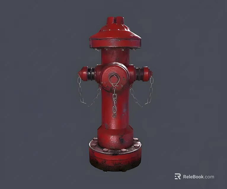 Red Public Fire Hydrant With Metallic Body And Chain Details 3d model 