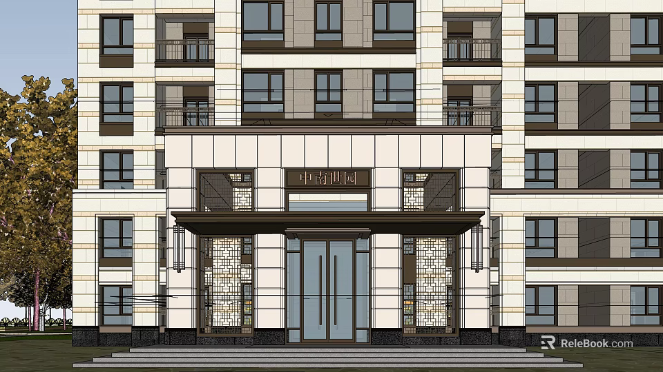 Modern Residential Building Exterior Design With Elegant Entrance And Stone Decorations 3d model 