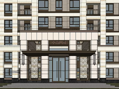 Modern Residential Building Exterior Design With Elegant Entrance And Stone Decorations 3d model