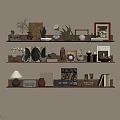 Stylish Home Decor Ornaments Set On Wooden Shelves With Figurines Frames Vases And Books