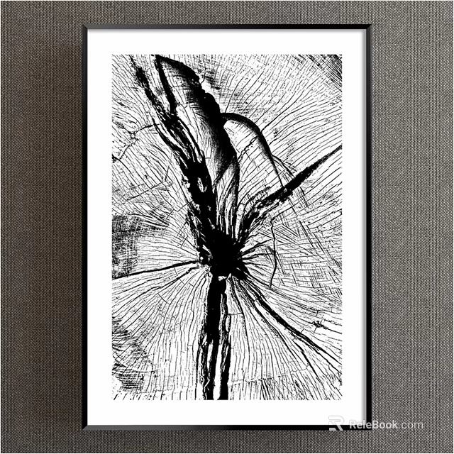Black and White Abstract Painting With Radiating Lines And Textured Branch Like Forms 3d model 