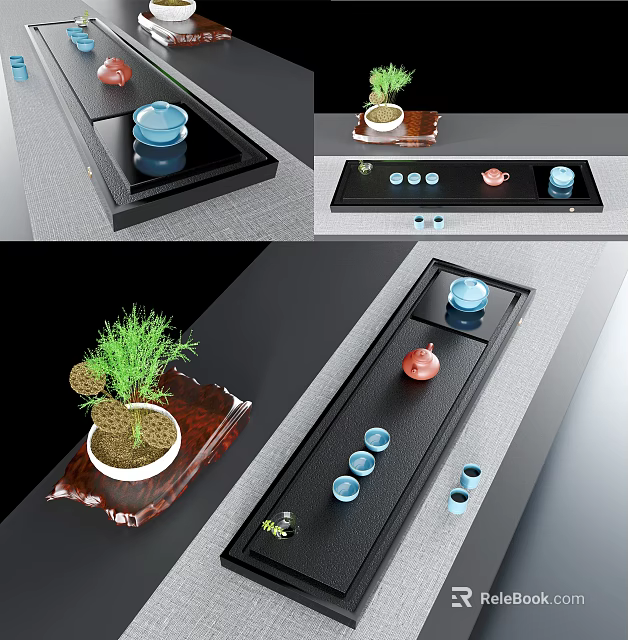 Elegant Tea Tray Set With Ceramic Cups Teapot And Small Potted Plant 3d model