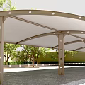 Outdoor Carport Structure With Curved White Roof And Support Pillars Surrounded By Trees