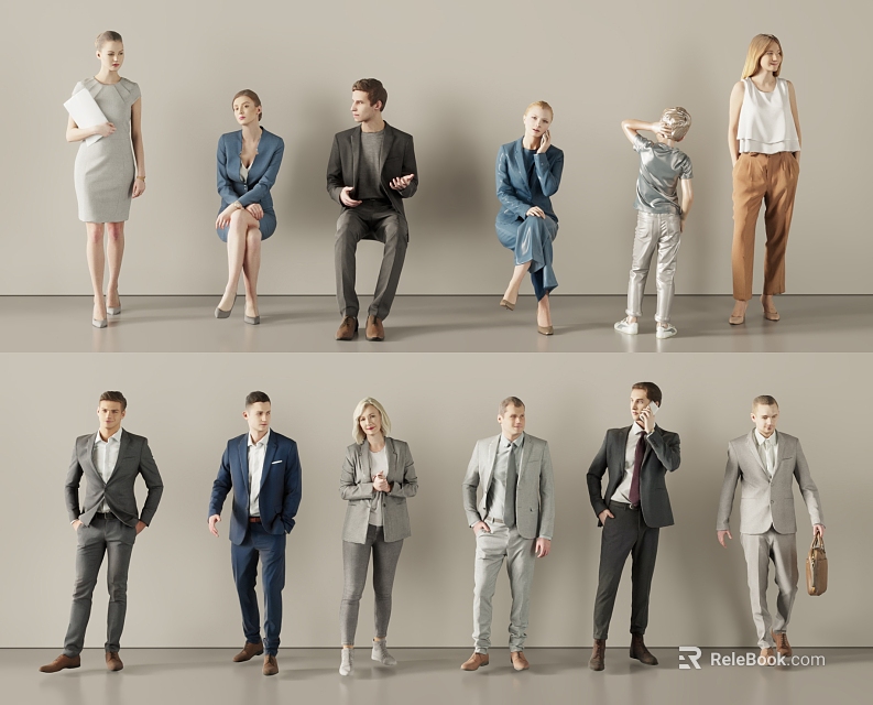 Group of People in Different Poses With Formal and Casual Attire in Studio Setting 3d model 