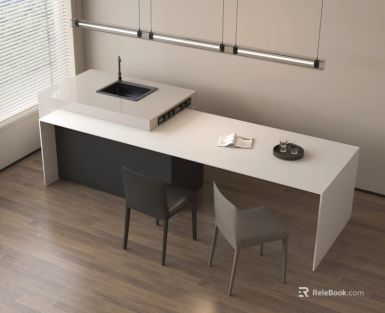 Modern Bar Counter with White Top Sink and Stove Two Gray Chairs and Hanging Lights 3d model 