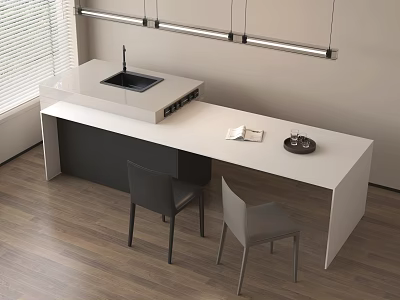 Modern Bar Counter with White Top Sink and Stove Two Gray Chairs and Hanging Lights 3d model