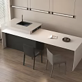 Modern Bar Counter with White Top Sink and Stove Two Gray Chairs and Hanging Lights