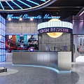 Modern Marvel Cinematic Universe Showroom With Avengers Figures And Display Shelves Blue Lighting