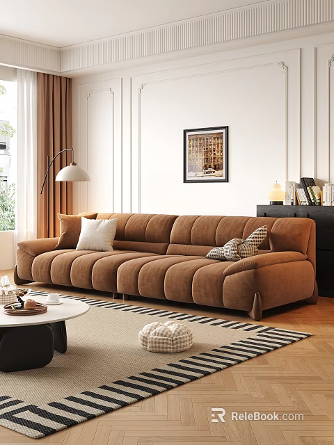 Brown Multi Seater Sofa With White And Patterned Cushions In Modern Cozy Living Room 3d model 