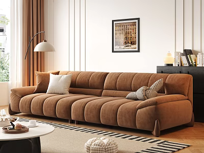 Brown Multi Seater Sofa With White And Patterned Cushions In Modern Cozy Living Room 3d model