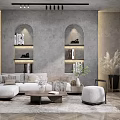 Modern Minimalist Living Room With Textured Concrete Walls Cozy Sofa Set And Warm Ambient Lighting