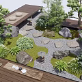 Japanese Style Courtyard Garden With Pine Trees Stones Moss Stone Lanterns And Wooden Deck