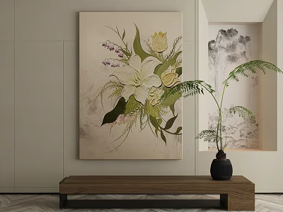 Abstract Painting with White Lilies Yellow Flowers Green Leaves and Purple Blossoms on Light Background 3d model