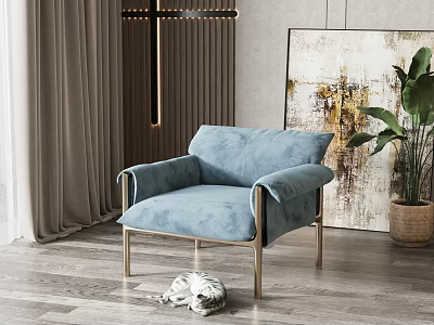 Modern Light Blue Single Sofa with Metal Frame and Cat Potted Plant on Wooden Floor 3d model