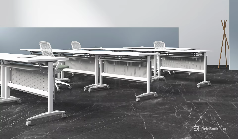 Modern Office Work Desks With Rolling Wheels And White Metal Frames In Training Room 3d model