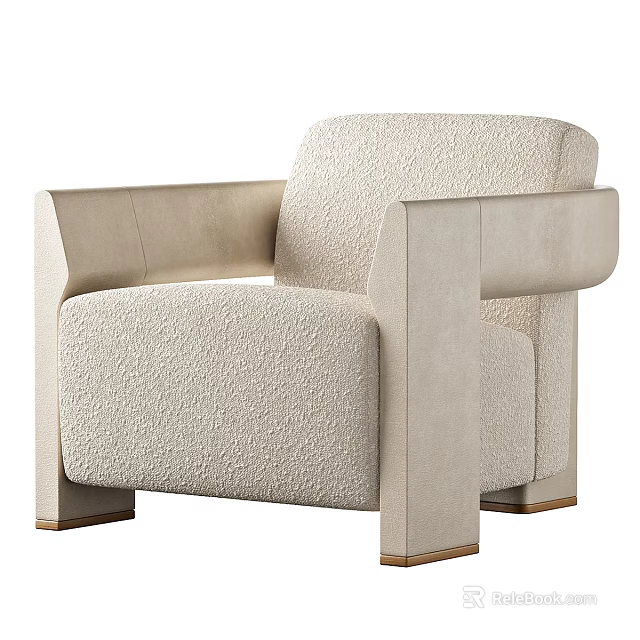 Modern Beige Single Sofa With Textured Fabric Square Arms And Wooden Legs 3d model 