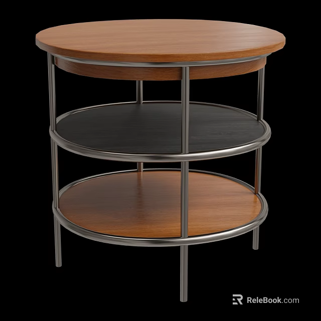 Three Tier Round Side Table With Wooden Tiers And Metal Frame 3d model 