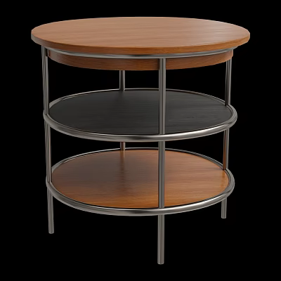 Three Tier Round Side Table With Wooden Tiers And Metal Frame 3d model