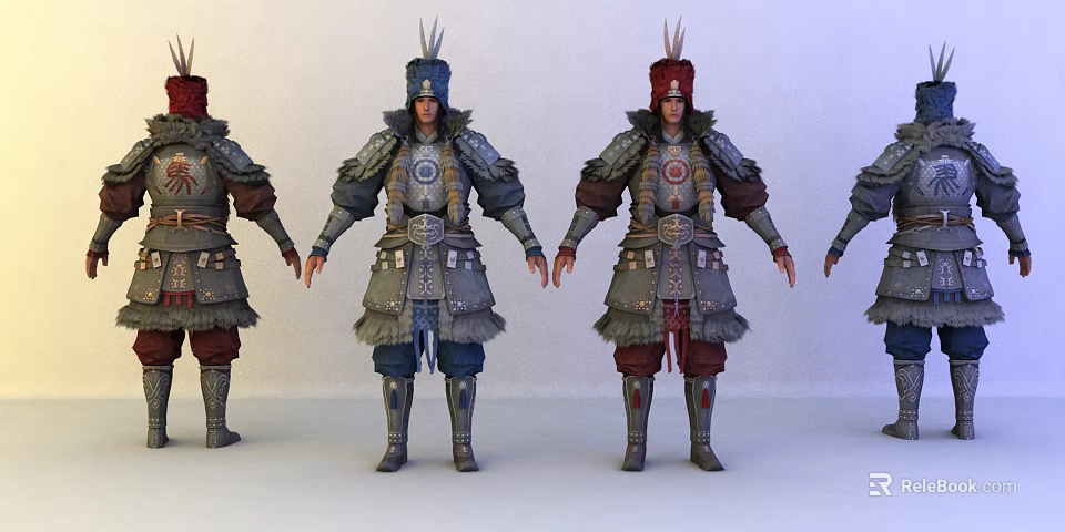 Game And Movie Characters In Armored Outfits With Different Colored Helmets And Chest Ornaments 3d model 