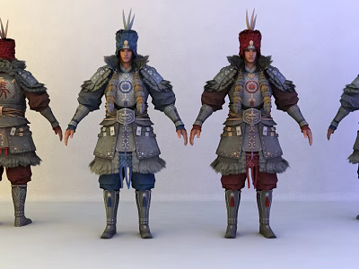 Game And Movie Characters In Armored Outfits With Different Colored Helmets And Chest Ornaments 3d model