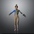 Animated Female Character With Mechanical Arm Blue Top Beige Pants Pink Shoes And Decorative Headpiece