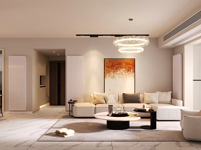 Modern Open Concept Living Dining Room Interior With Sofa Coffee Table Chandelier And Marble Floor 3d model