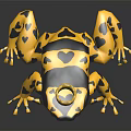 Golden Frog Sculpture with Crown and Black Spots on Shiny Black Surface with Reflection