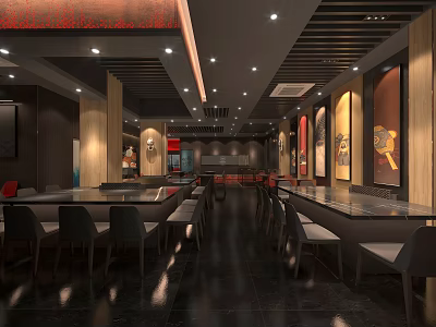 Modern Restaurant Interior Design With Dining Tables Chairs Ceiling Lights And Decorative Paintings 3d model