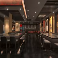 Modern Restaurant Interior Design With Dining Tables Chairs Ceiling Lights And Decorative Paintings