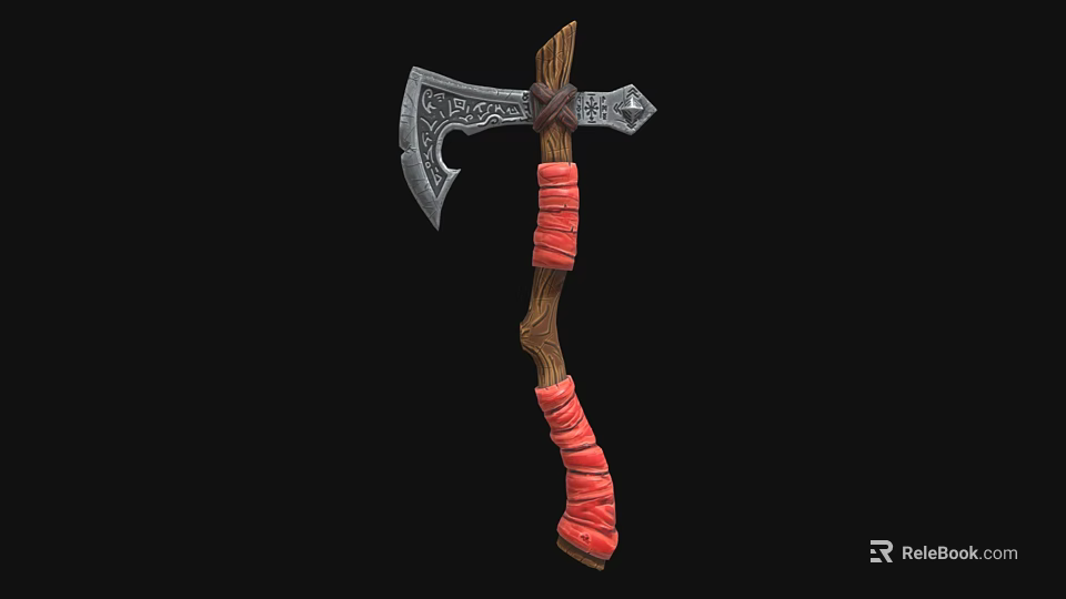 Decorative Medieval Axe With Ornate Metal Head And Red Wrapped Wooden Handle 3d model 
