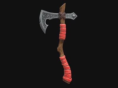 Decorative Medieval Axe With Ornate Metal Head And Red Wrapped Wooden Handle 3d model