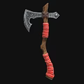 Decorative Medieval Axe With Ornate Metal Head And Red Wrapped Wooden Handle