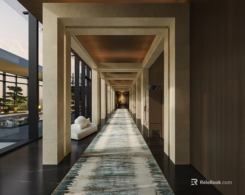 Modern Elevator Hallway Long Corridor Design With Patterned Rug Large Windows And Natural Light 3d model 