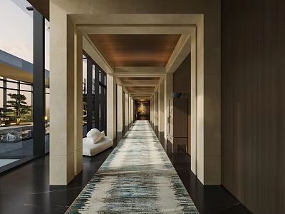Modern Elevator Hallway Long Corridor Design With Patterned Rug Large Windows And Natural Light 3d model