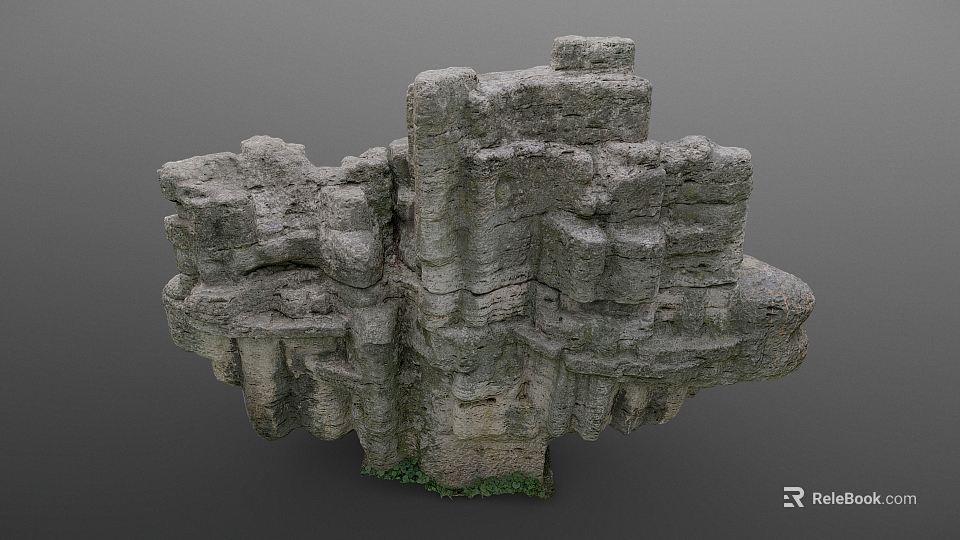 Natural Stone And Wood Decorative Rock Formation With Rough Surface And Green Grass At Base 3d model 