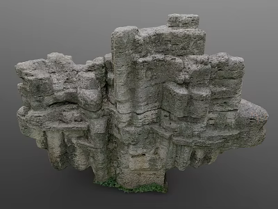 Natural Stone And Wood Decorative Rock Formation With Rough Surface And Green Grass At Base 3d model